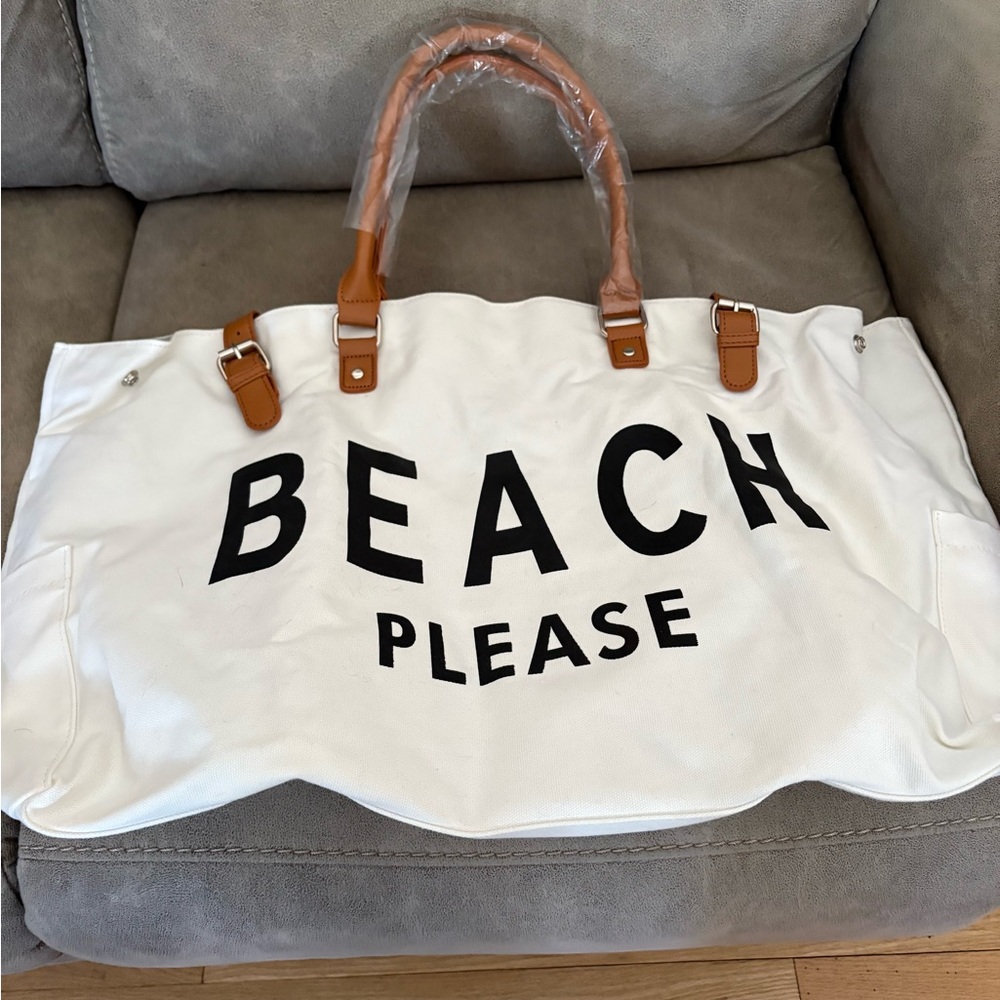 White Beach Tote with Brown Handles